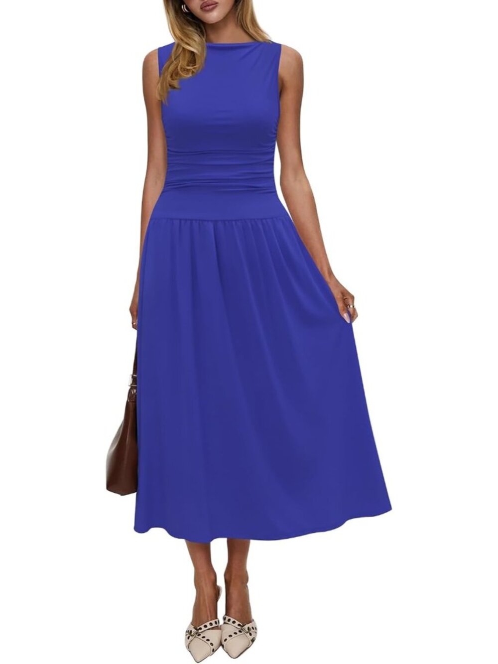 Women's Royal Blue Summer High Neck Drop Waist Formal Wedding Long Maxi Dresses